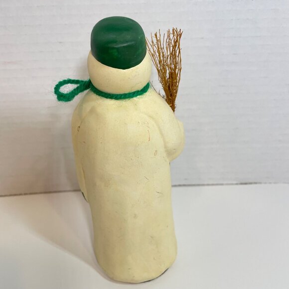 Vintage Snowman Figurine with Green Hat & Scarf Holding Broomstick - Rustic Wint - Picture 6 of 10